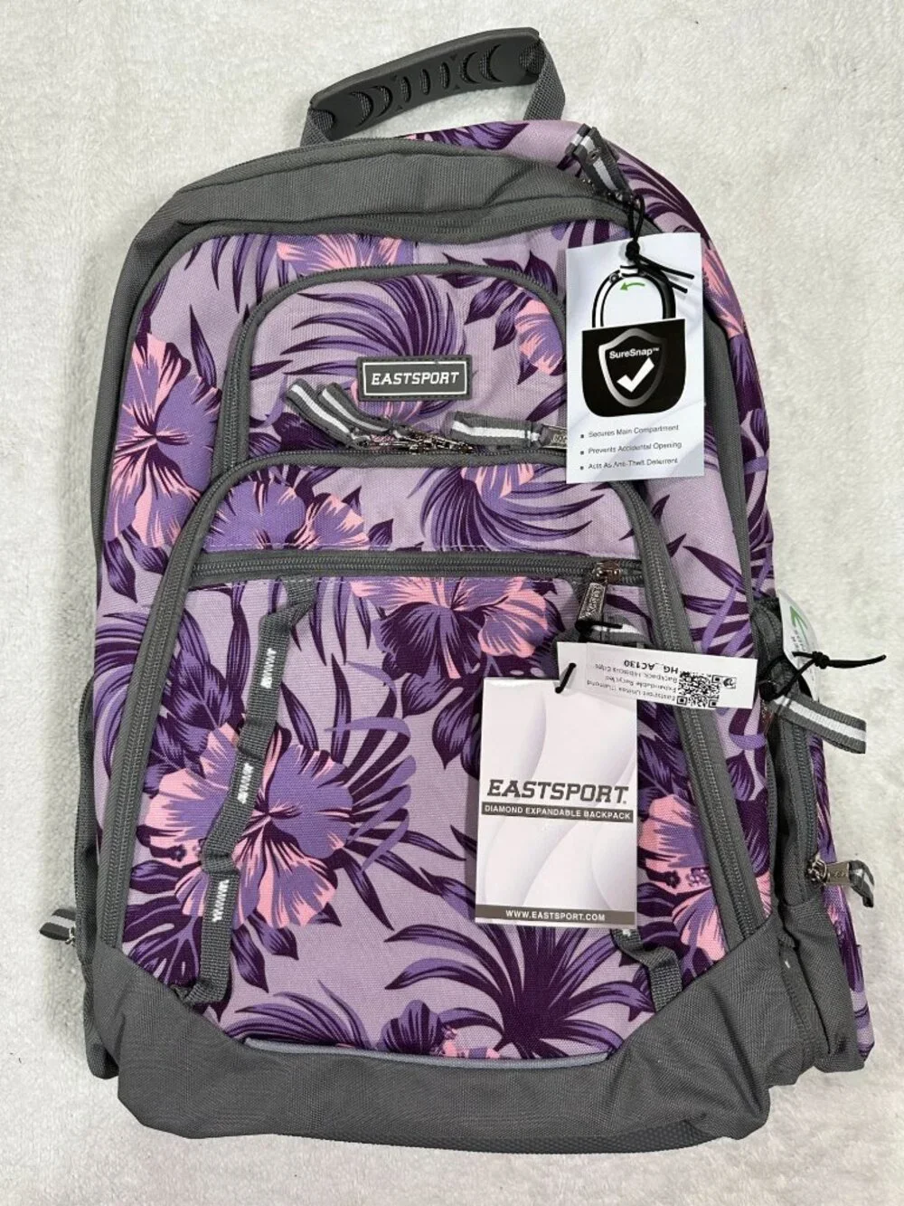 Eastsport Diamond Expandable Backpack Floral Purple/Gray Anti-Theft Tech Sleeve